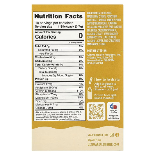 Ultima Replenisher, 6 Essential Electrolytes Lemonade, 20 Stickpacks, 0.13 oz (3.7 g) Each