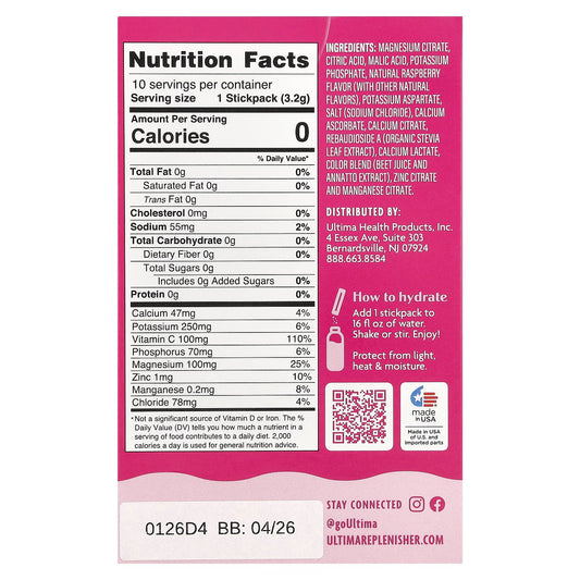 Ultima Replenisher, 6 Essential Electrolytes Raspberry, 20 Stickpacks, 0.11 oz (3.2 g)